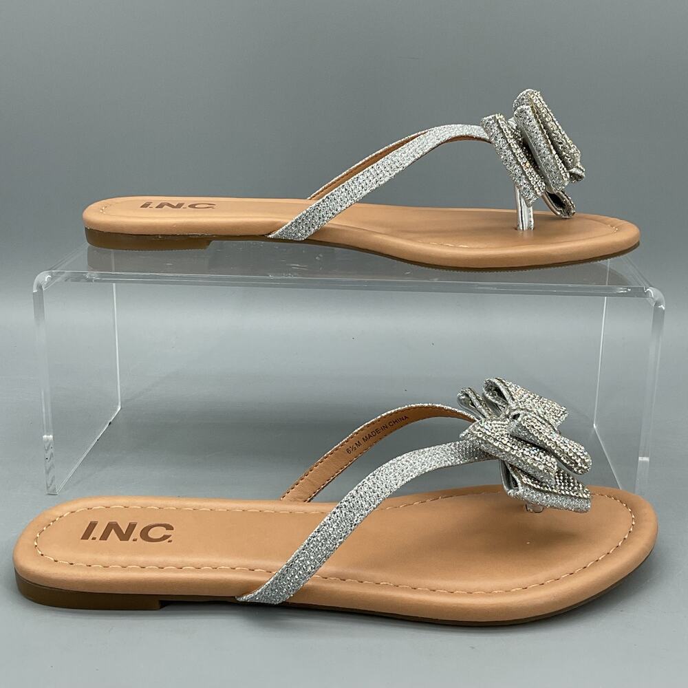 NEW I.N.C Women’s Mabae Bow Flat Sandals Silver Size 6.5M